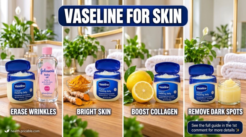 A visual guide showing a tub of Vaseline and various common household ingredients like baby oil turmeric and lemon illus