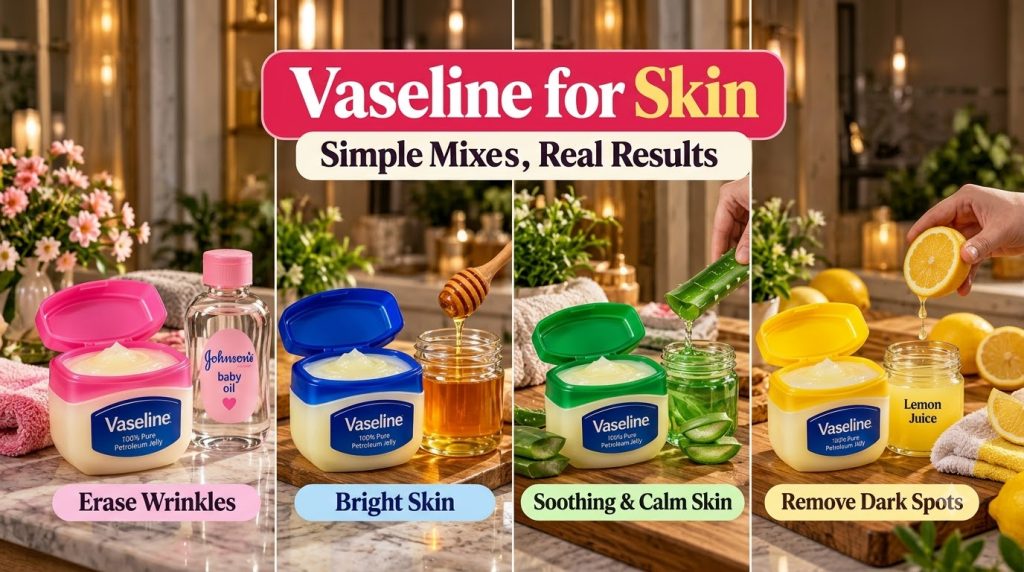 A four-panel grid showing Vaseline jars in different colors each paired with a natural ingredient baby oil honey aloe ve