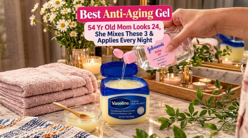 A hand pouring Johnson s baby oil into an open tub of Vaseline petroleum jelly with a small bowl of mixed product pink t