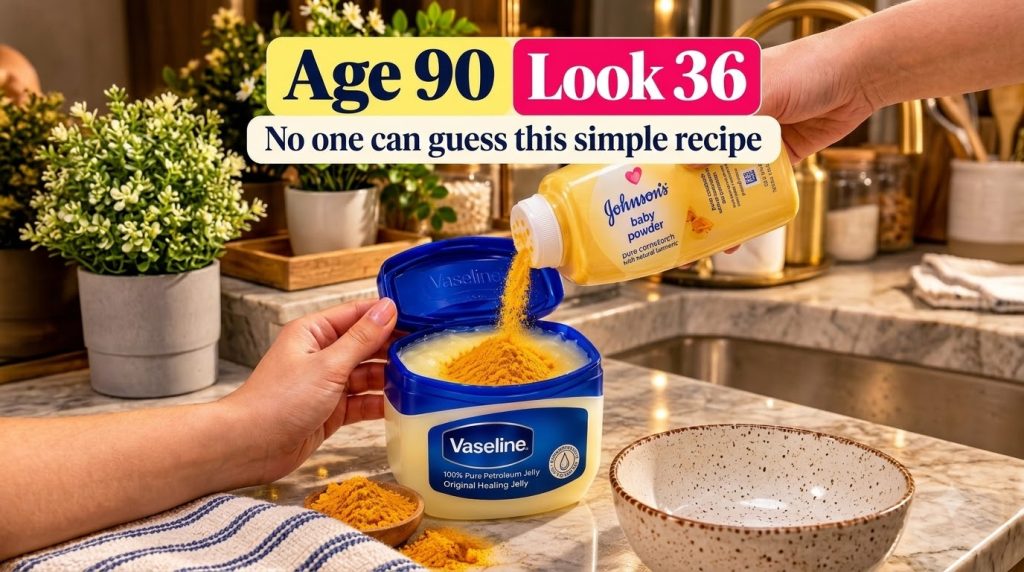 A hand pouring yellowish powder likely baby powder from a bottle into an open tub of Vaseline Petroleum Jelly on a marbl