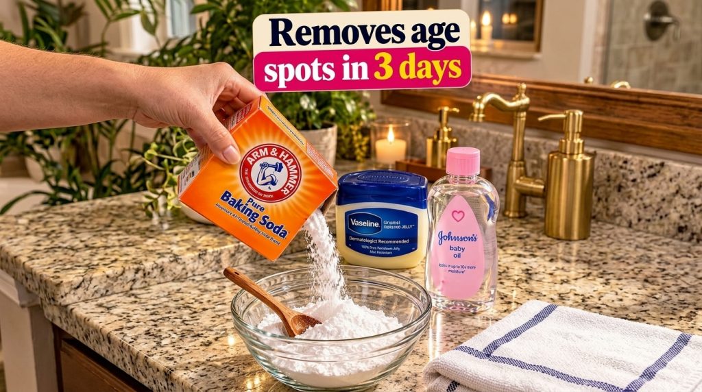 A hand pouring baking soda into a clear glass bowl with Vaseline and baby oil containers nearby on a granite countertop 