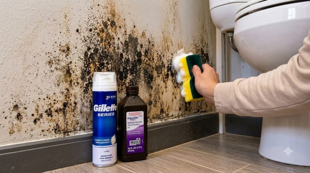 A person s hand actively scrubbing a severely mold-infested bathroom wall with a yellow and green sponge covered in whit