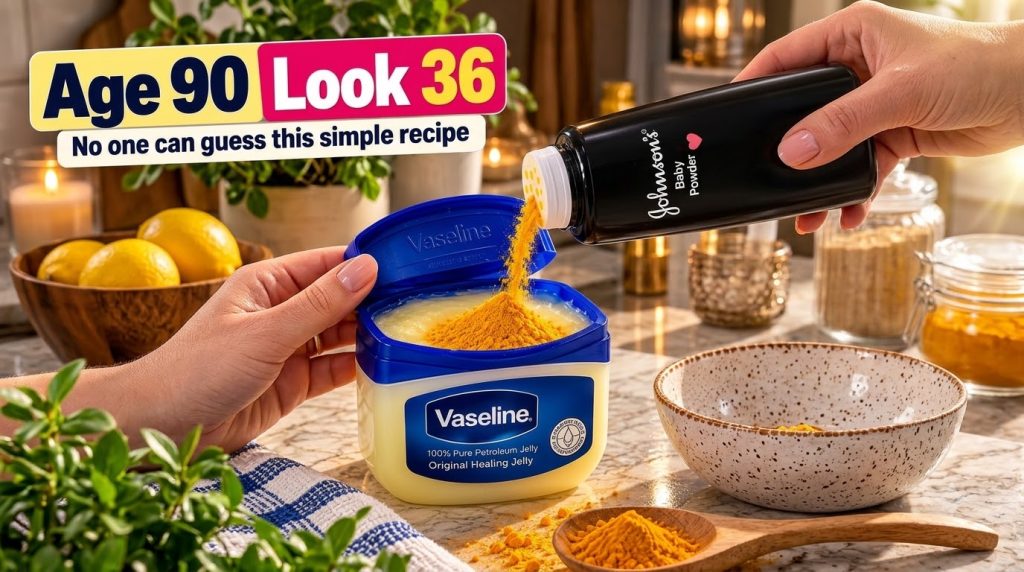 A hand pouring fine yellow-orange powder from a Johnson s Baby Powder bottle into a tub of Vaseline petroleum jelly on a