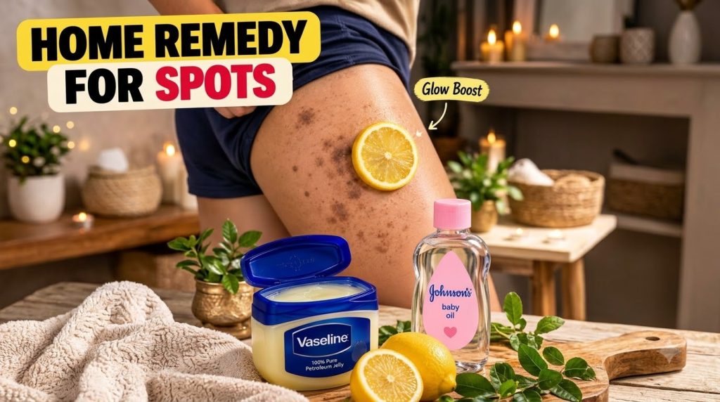 A close-up shot of a person s thigh with brown spots a fresh lemon slice on the skin an open jar of Vaseline a bottle of