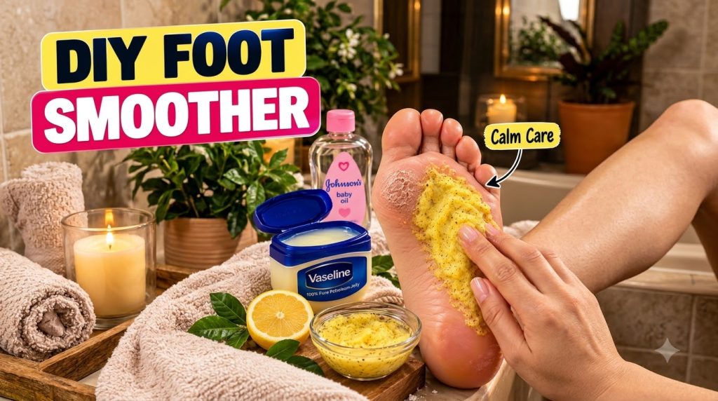 A person s foot being treated with a homemade scrub surrounded by ingredients like Vaseline Johnson s baby oil and lemon