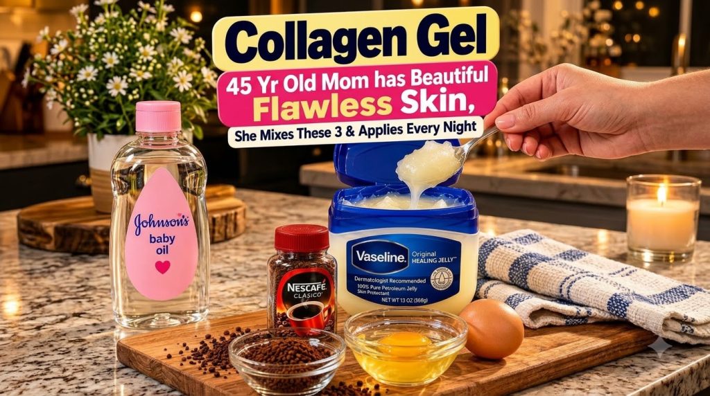 Various household items like baby oil Vaseline coffee and an egg are arranged on a wooden cutting board ready for a DIY