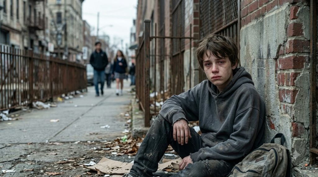 A young disheveled boy with sad red-rimmed eyes sits on the ground against a brick wall in an urban setting a worn backp