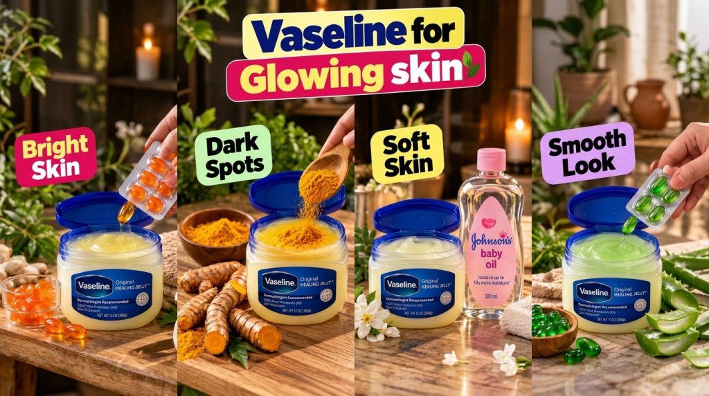 A 2x2 grid showing Vaseline mixed with Vitamin E turmeric baby oil and aloe vera each for a different skin benefit