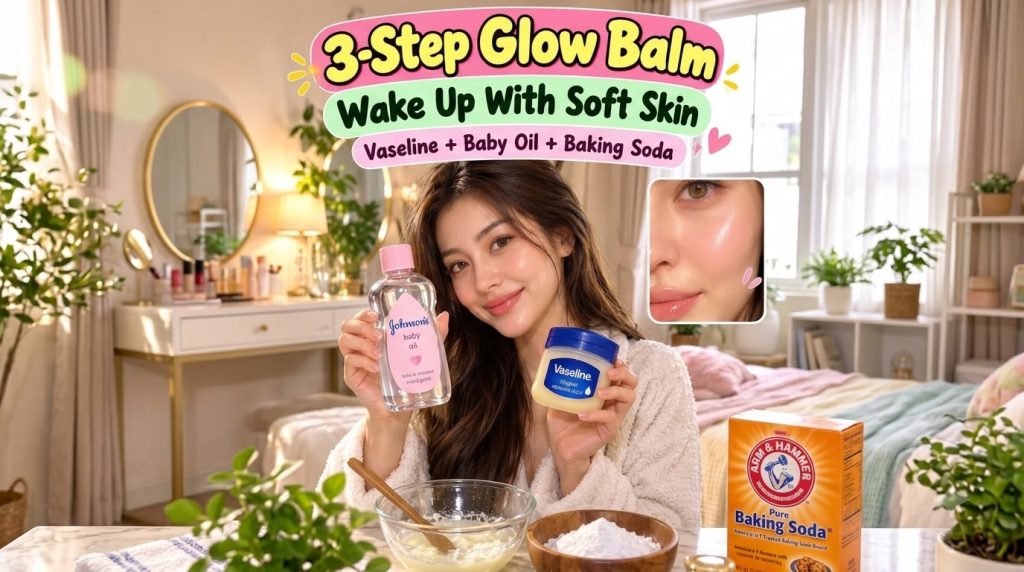 A smiling young woman holding a bottle of Johnson s baby oil and a jar of Vaseline with a clear bowl containing a mixed