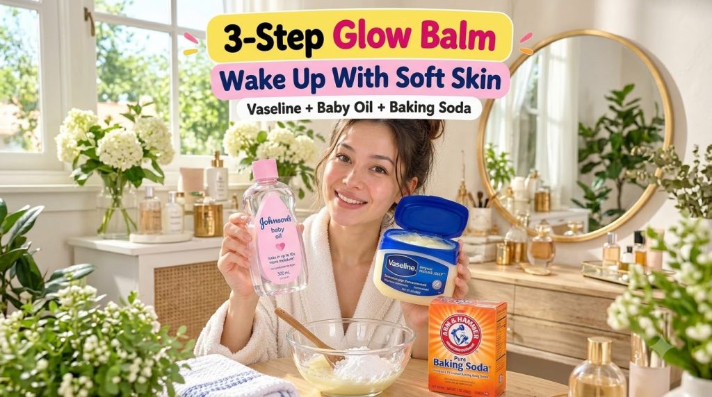 A smiling woman in a white robe holds a bottle of Johnson s baby oil and a container of Vaseline In front on a wooden su