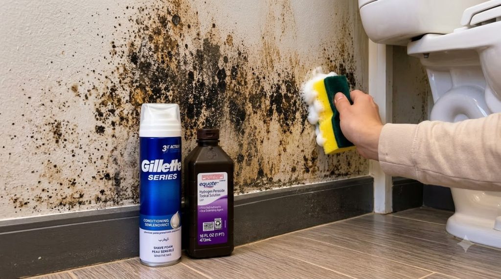 A hand actively cleaning a bathroom wall severely affected by mold and mildew using a yellow and green sponge with white