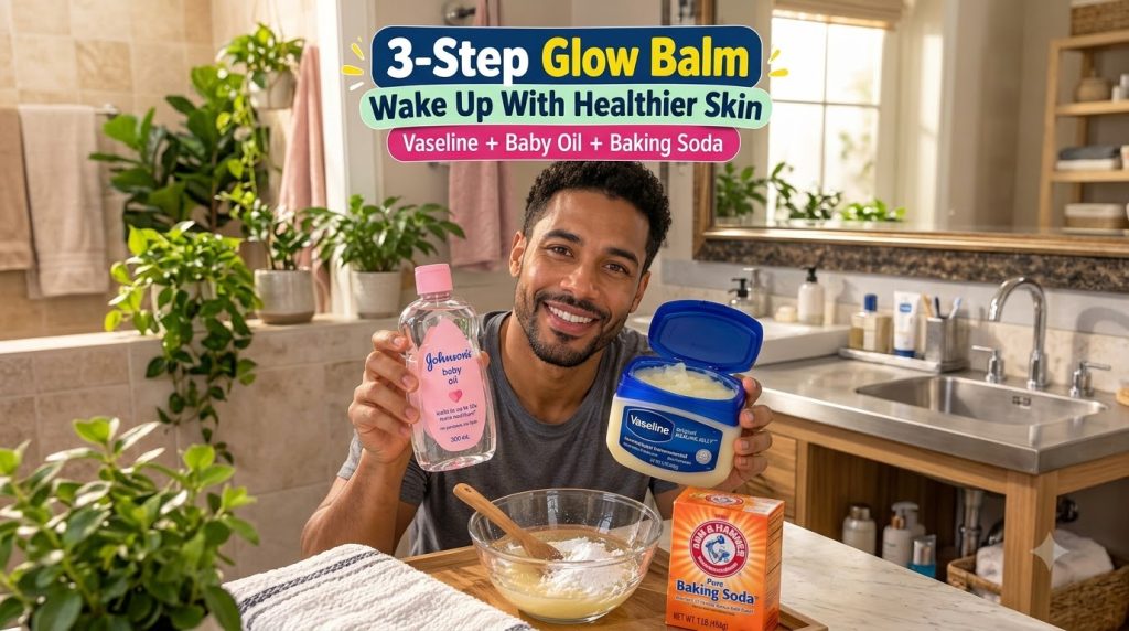 A smiling man holding a bottle of baby oil and a tub of Vaseline with a bowl of homemade balm baking soda a spoon and a