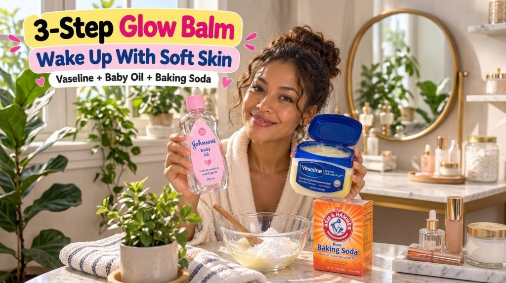 A radiant smiling woman in a bathrobe presenting a bottle of Johnson s Baby Oil and an open jar of Vaseline Below her on