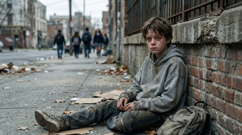 A distressed young boy disheveled and tearful sitting on the ground against a brick wall with a worn backpack beside him