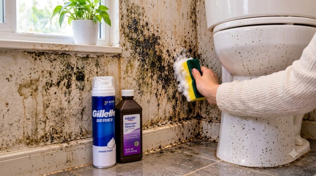 A hand scrubbing moldy bathroom wall with a foamy sponge with hydrogen peroxide and shave foam bottles on the floor
