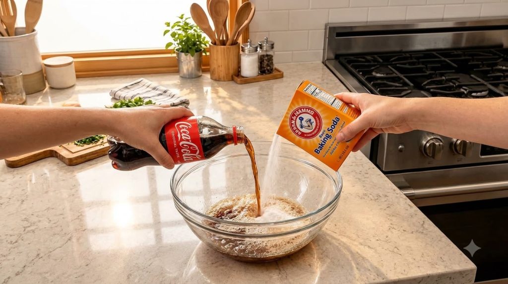 Hands pouring Coca-Cola and baking soda into a clear glass bowl with the mixture fizzing actively A sunlit kitchen count