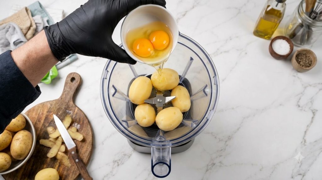 A hand in a black glove pouring raw eggs into a blender with peeled chopped potatoes and onion ready to be blended