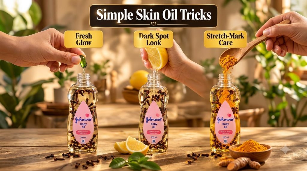 Three bottles of Johnson s baby oil each representing a different skin oil blend one with a green liquid capsule for Fre