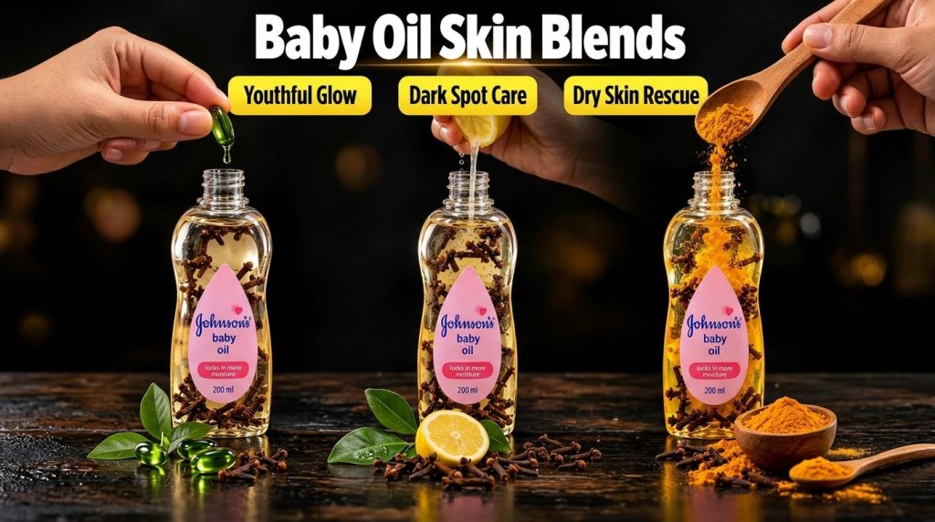 Three Johnson s Baby Oil bottles each being infused with a different natural ingredient vitamin E capsule squeezed lemon