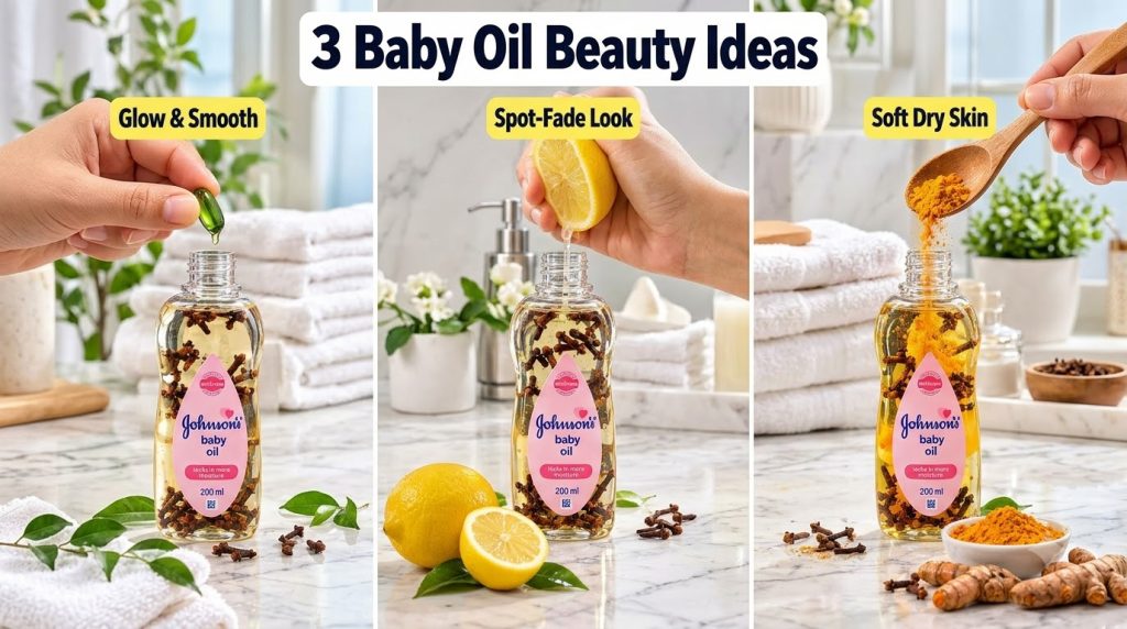 Three bottles of clove-infused baby oil with a hand adding a green liquid capsule fresh lemon juice and turmeric powder 