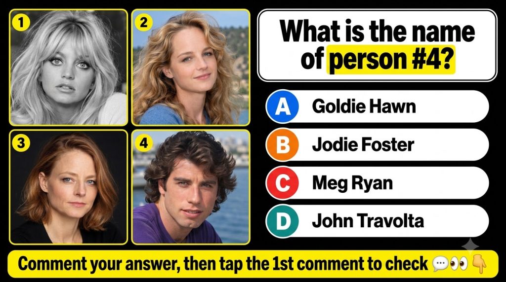 A vertical social media quiz card with a 2x2 grid of four celebrity portraits at the top The quiz question What is the n