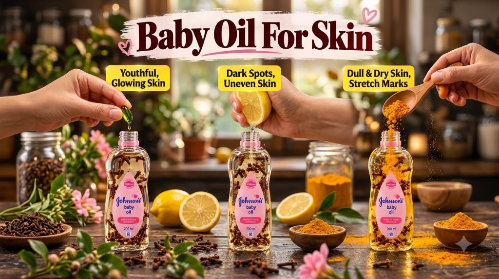 Three bottles of Johnson s baby oil each infused with cloves One bottle has a green vitamin E capsule being added anothe
