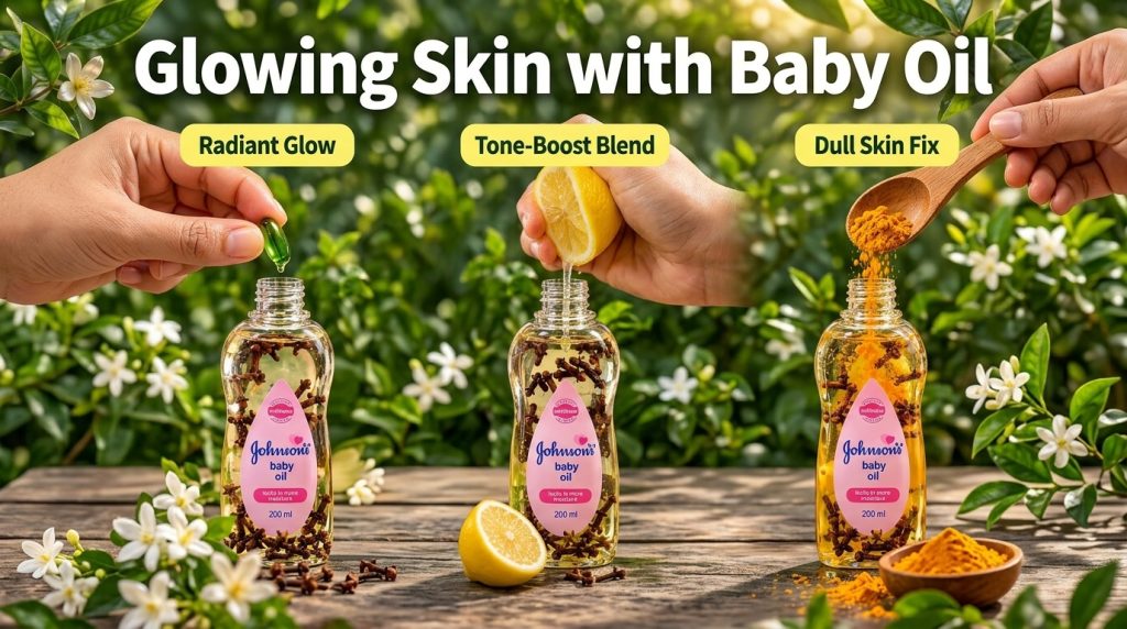 Three Johnson s baby oil bottles with natural ingredients One bottle has a hand adding a green capsule Vitamin E for Rad