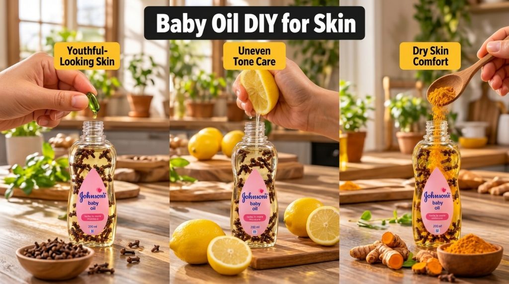 A vertical triptych showing three Johnson s baby oil bottles Each bottle contains cloves One bottle is being infused wit