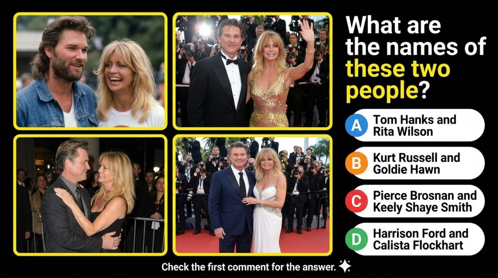 A quiz graphic showing four different photos of celebrity couple Kurt Russell and Goldie Hawn with the question What are