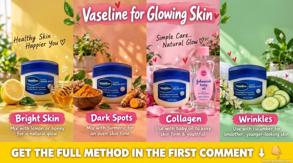 A 2x2 grid showing four Vaseline beauty hacks lemon and honey for bright skin turmeric for dark spots cucumber for wrink