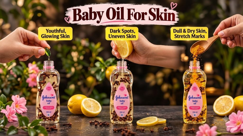 A vertical triptych showing three Johnson s baby oil bottles each being infused with a natural ingredient The left shows