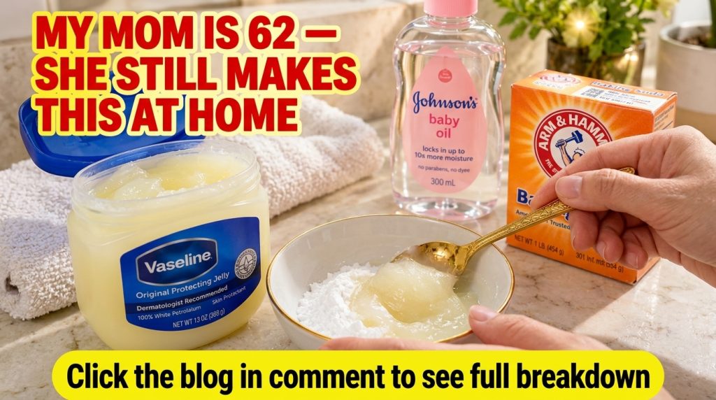 A hand stirring a creamy mixture of petroleum jelly baking soda and baby oil in a small white bowl on a clean bathroom v