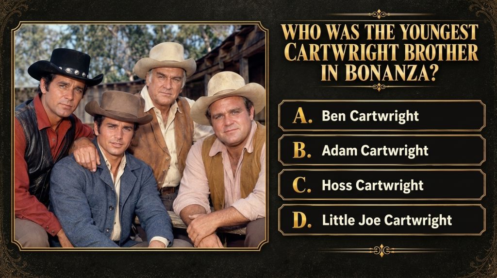 The four Cartwright men from Bonanza Ben Adam Hoss Little Joe posed in Western attire against an out-of-focus Western to
