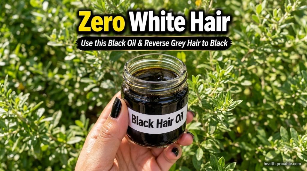 A hand holding a clear glass jar filled with a thick dark black hair oil The jar has a simple white label with Black Hai