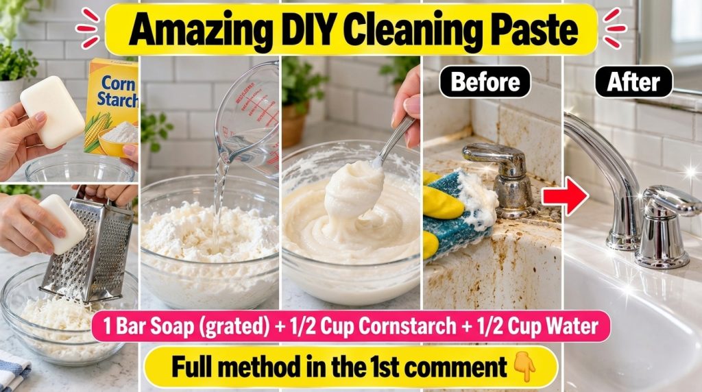 Two hands holding a bar of Ivory soap and a box of Argo corn starch above a clear glass mixing bowl on a clean kitchen c