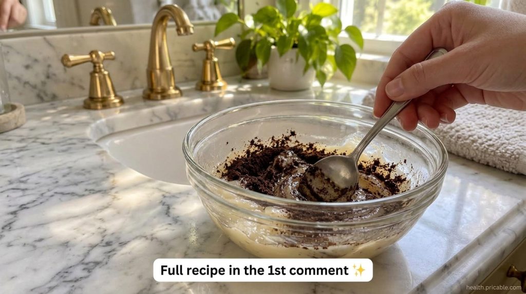 A clear glass bowl on a marble surface containing a creamy light-beige substance being mixed with dark finely ground cof