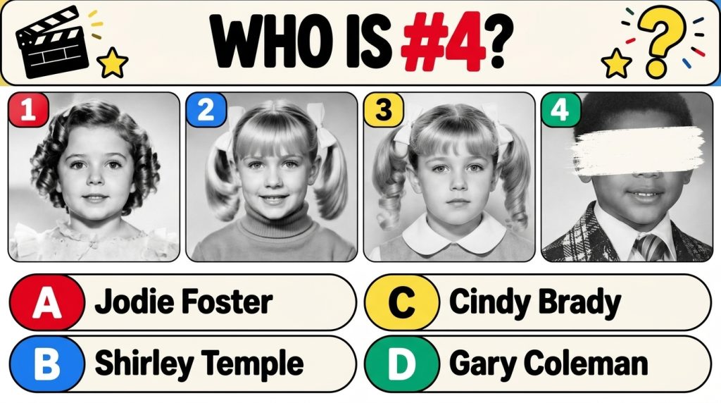 A black-and-white quiz image showing four young celebrity children in a grid One child subject 4 has their eyes masked T