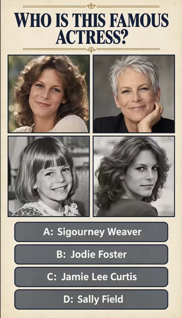 A four-panel grid showing Jamie Lee Curtis at various ages young with curly brown hair older with short grey hair as a c