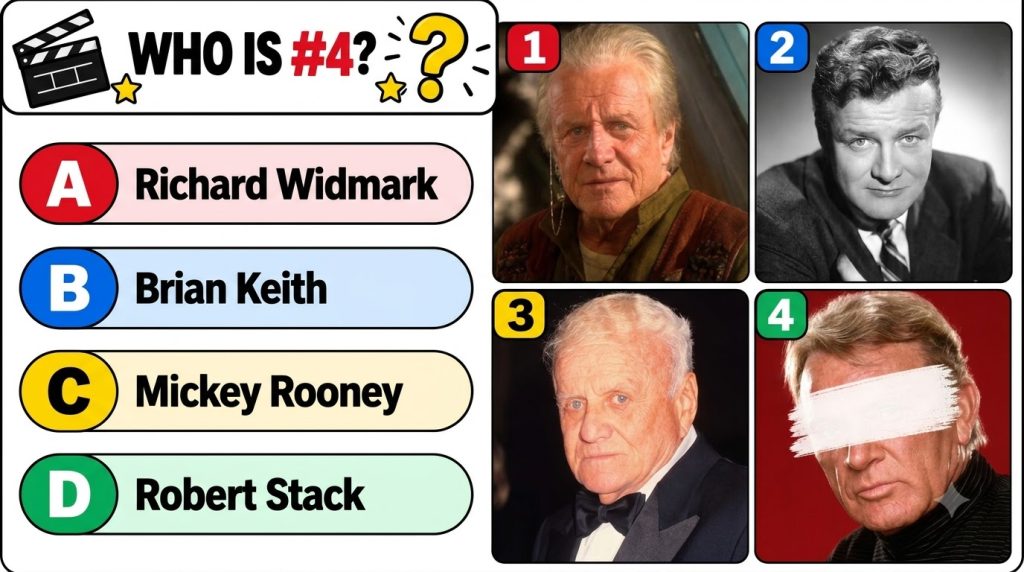 A 2x2 grid of four classic Hollywood male actors headshots with the fourth actor s eyes censored by a white bar accompan