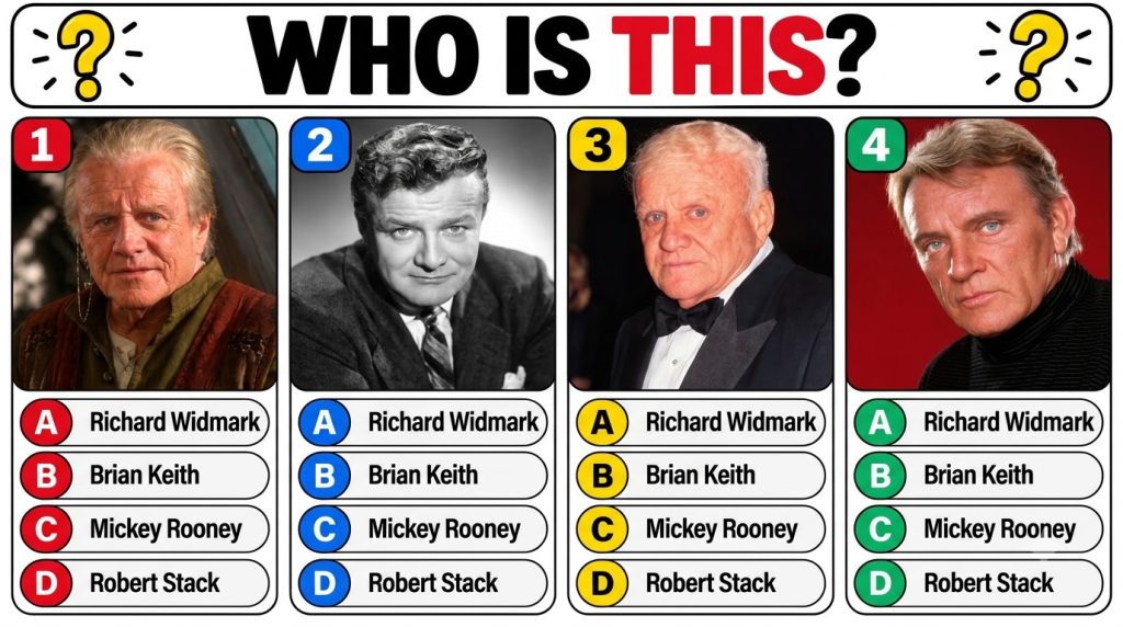 A four-panel quiz showing a portrait of a classic Hollywood male actor with four multiple-choice options for his name
