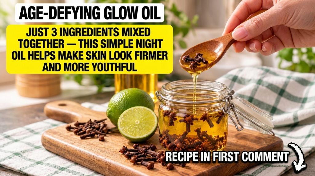 A hand pouring golden oil with cloves from a wooden spoon into a glass jar filled with the same oil and cloves surrounde