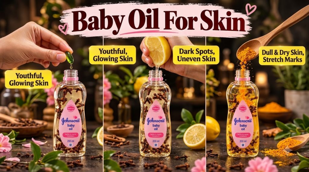Three bottles of baby oil each with different infusions a green vitamin E capsule fresh lemon juice and turmeric powder