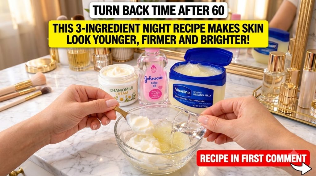 Close-up of hands mixing Vaseline baby oil and chamomile cream in a clear glass bowl Products are visible in the backgro