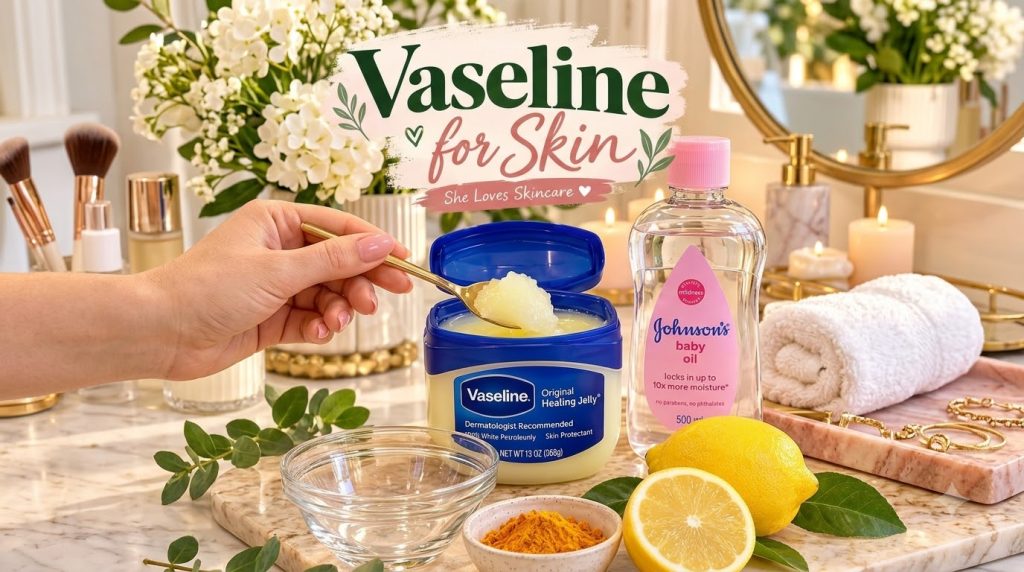 A flat lay composition featuring an open jar of Vaseline Original Healing Jelly with a spoon a bottle of Johnson s Baby