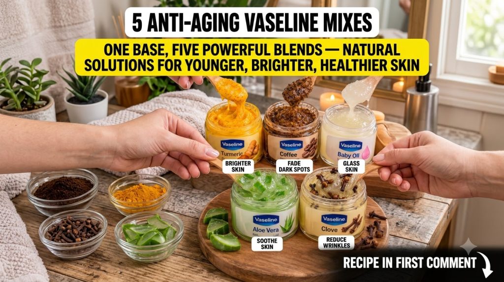 Five small glass jars with different Vaseline mixes each with a natural ingredient like turmeric coffee baby oil aloe ve