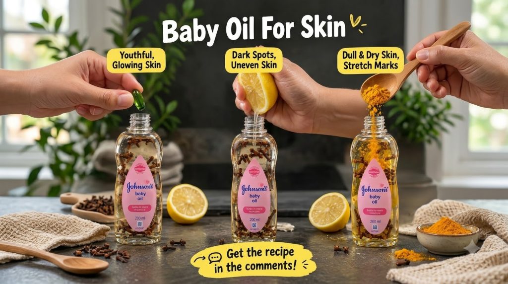 Three small glass bottles each containing baby oil and cloves are shown with ingredients being added to them a green vit