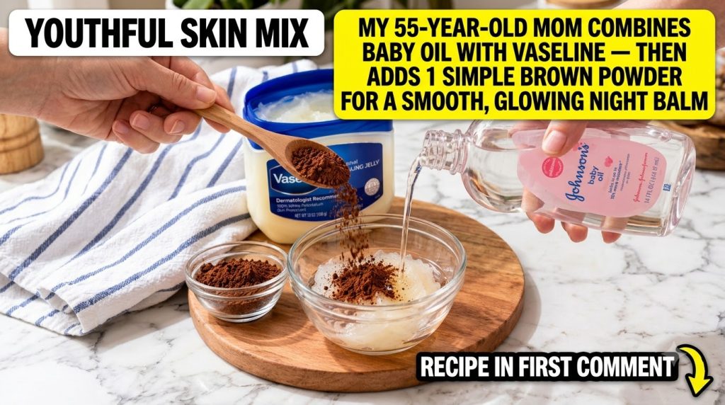 Hands mixing Vaseline baby oil and cocoa powder in a glass bowl with a wooden spoon