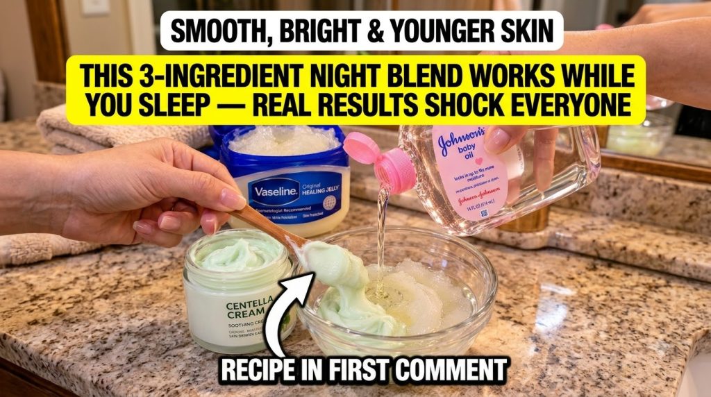 Hands mixing Vaseline baby oil and Centella cream in a glass bowl on a granite countertop