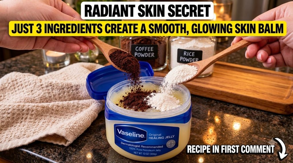 A person s hands mixing Vaseline coffee powder and rice powder in a small bowl with the ingredients clearly visible on a