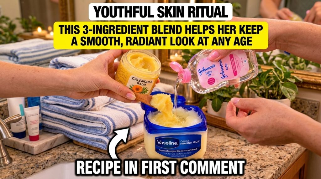 Hands mixing Vaseline Johnson s Baby Oil and Calendula Balm in a small bowl showing the textures of the ingredients